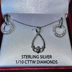 New Sterling Silver and 1/10 CTTW Diamond Claddagh Necklace wth Circle  Earrings